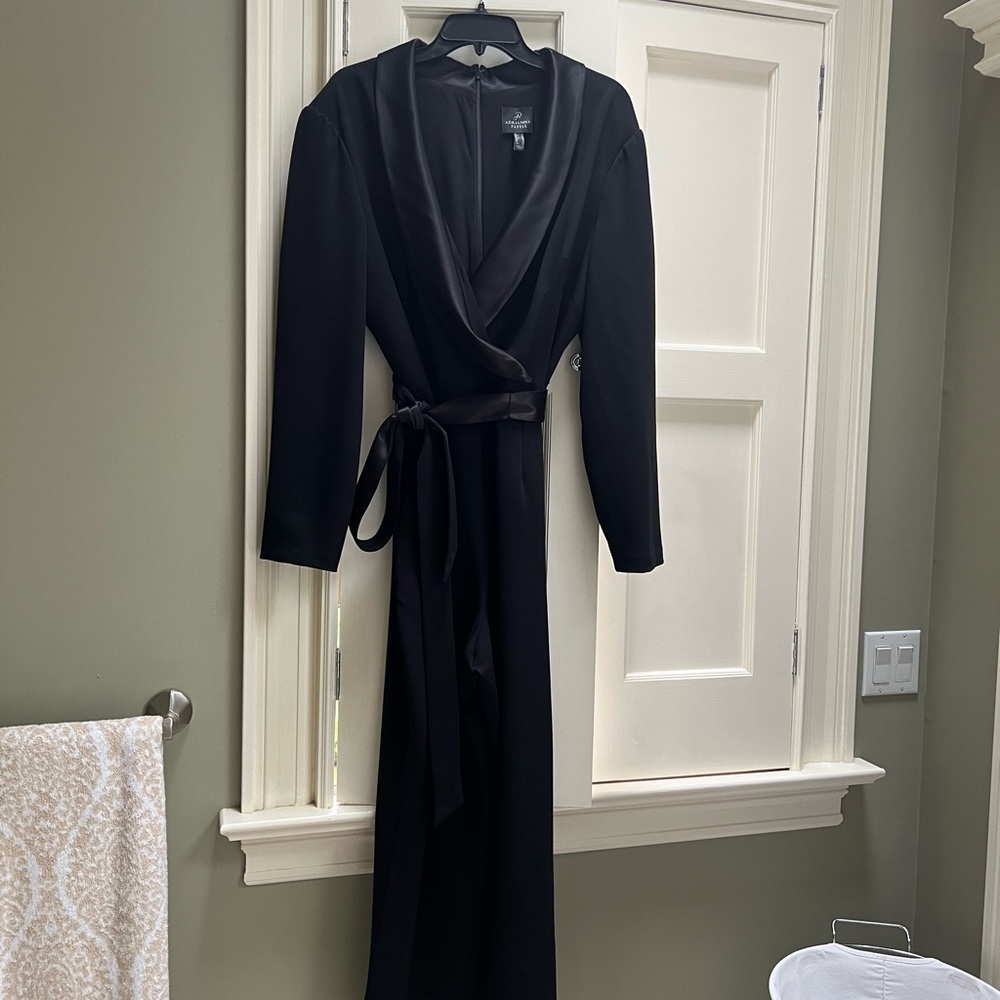 Adrianna Papell Long sleeve black satin v neck collared jumpsuit.